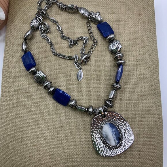Chico's Textured Metal Pendant Blue Silver Etched Beaded Long Chain Necklace - Picture 2 of 6